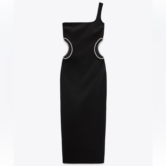 Zara NWT black one shoulder rhinestone side cutout detail midi dress - Picture 6 of 9